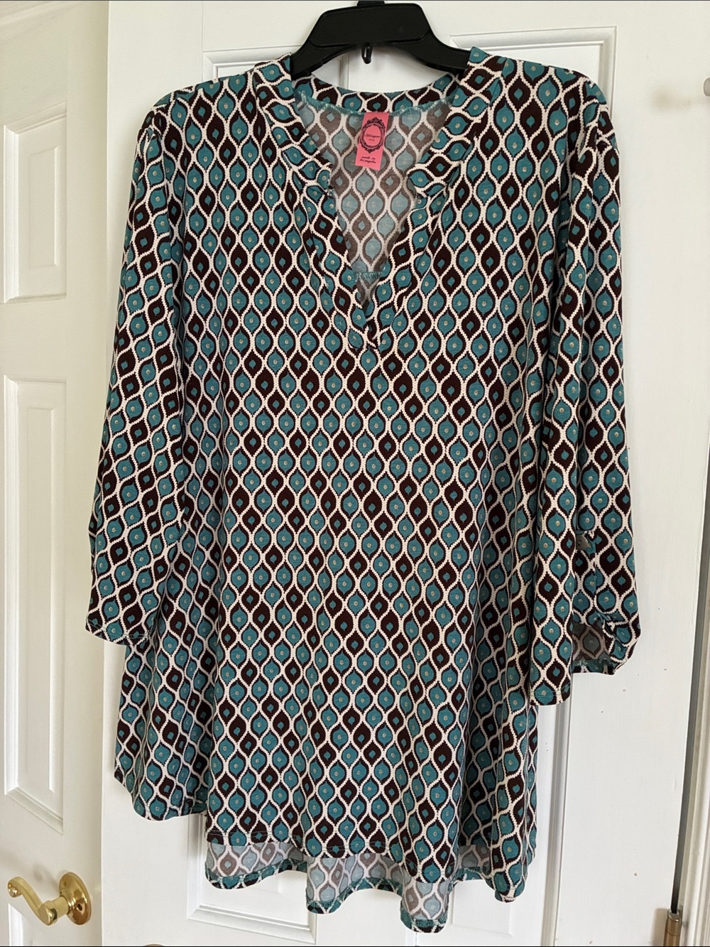 Honeyme Teal and Black Geometric Blouse/Tunic Top